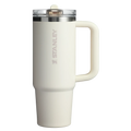 A white Stanley Quencher ProTour Flip Straw Tumbler with a handle and a clear screw-on lid.