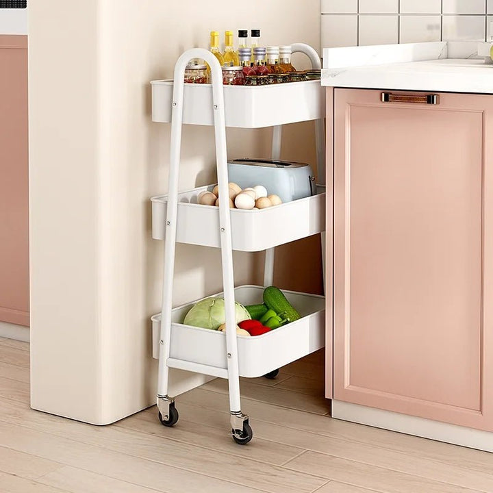 White rolling mobile trolley from a different angle, ideal for space-saving storage in home or office settings.