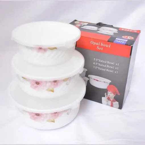 Displaying the 3-piece ceramic air-tight bowls set from a different angle, showcasing the bowls and their air-tight lids outside the packaging.