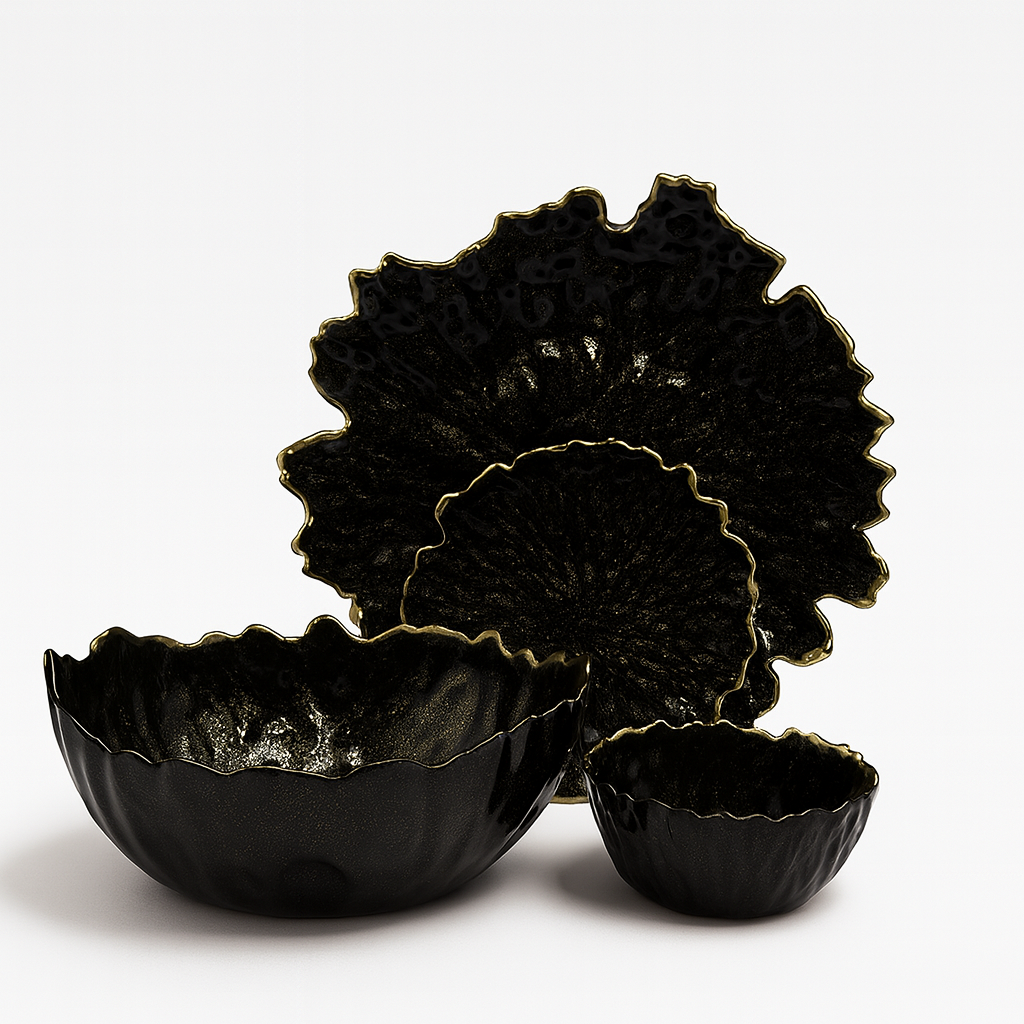 Dramatic Black and Gold Textured Petal Serving Set (14 pieces)