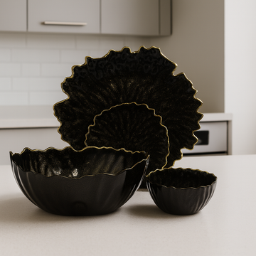 Dramatic Black and Gold Textured Petal Serving Set (14 pieces)