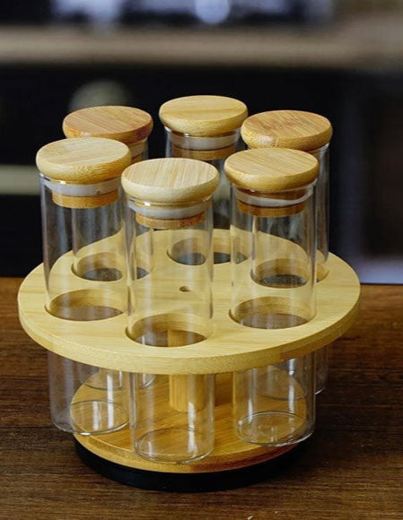 Spice Tube Rack Bamboo Rotating Glass Tube Spice Rack with Stand 6 Piece