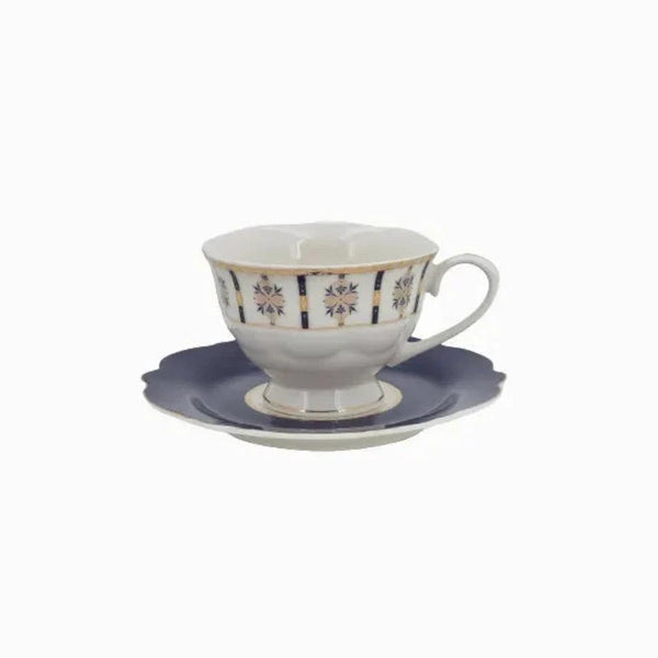 Showing one set of a black and white cup with a matching saucer on a white background.