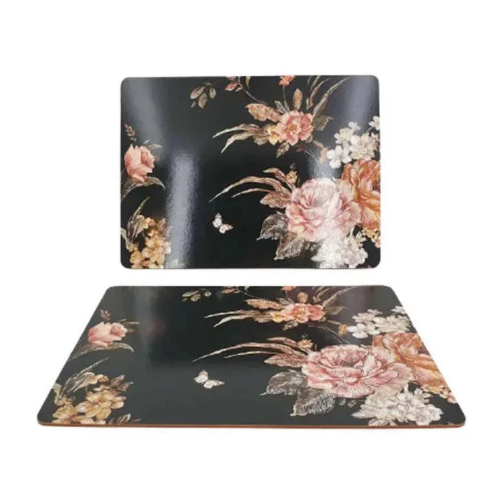 black dining table mat with floral design, displayed on a white background, showcasing elegant and modern style.