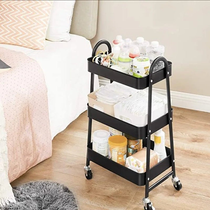 HaulJunction black utility trolley showcasing 3-tier design with caster wheels for easy movement in kitchen, office, or bathroom.