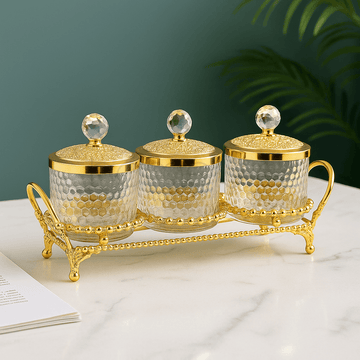 Golden Crystal 3-Piece Condiment Set with Stand – Luxury Glass Spice & Dry Fruit Server