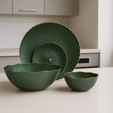 Regal Sage Green Textured Petal Serving Set (14 piece)