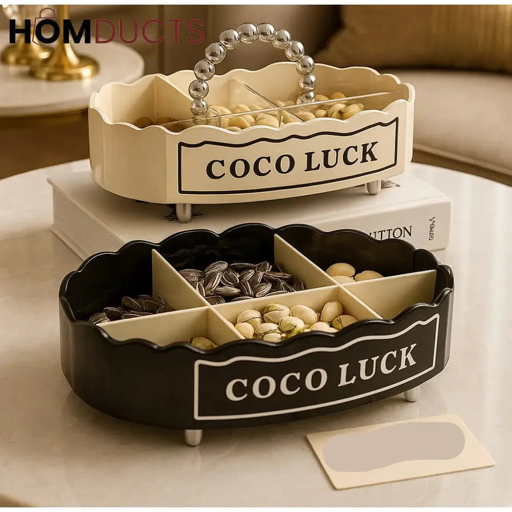 Coco Luck Premium Multi-Section Snack Tray – Elegant Rotating Dry Fruit & Candy Organizer