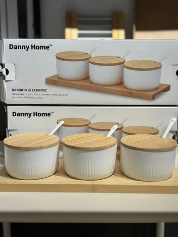 Danny Home Bamboo and Ceramic Condiments Jar Set With Spoons
