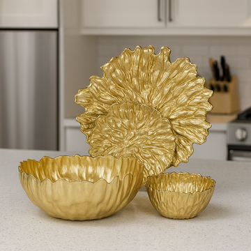 Opulent Gold Petal Textured Serving Bowl and Plate Set (14 pieces)