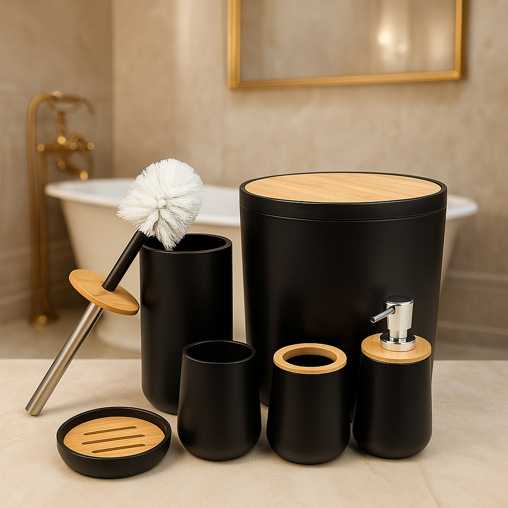 Black bathroom accessories set with wooden accents on a bathroom counter.