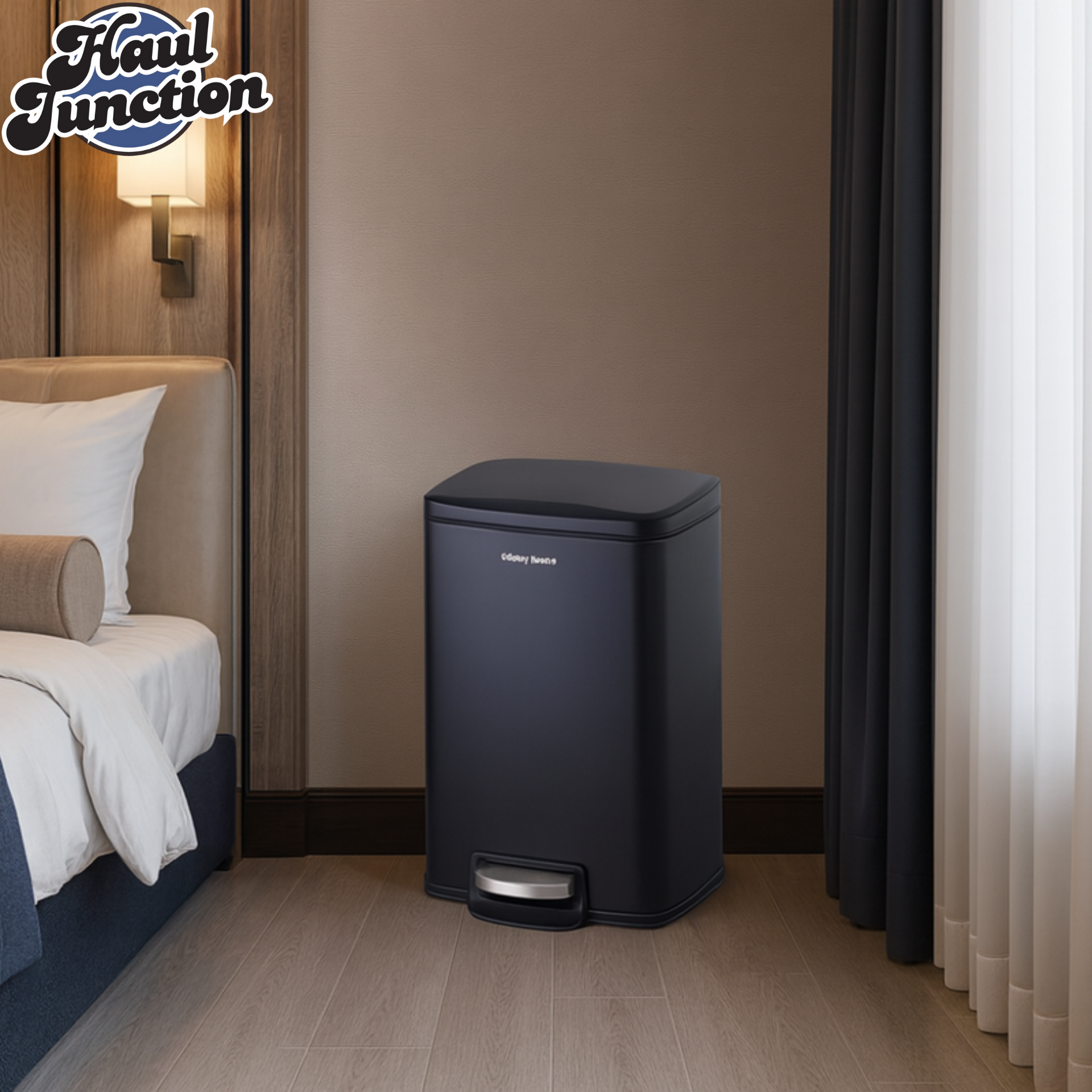 Black trash bin in a bedroom setting with a bed and curtains.