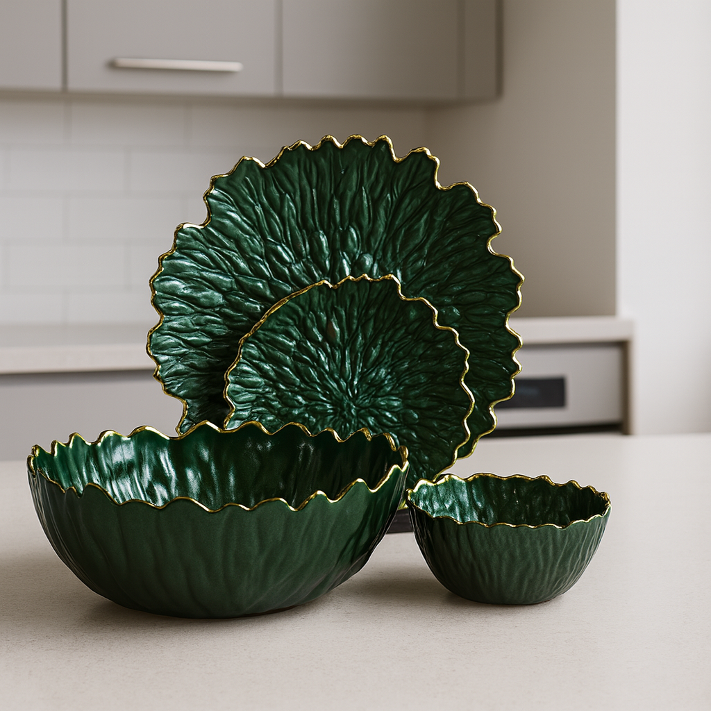 Regal Emerald Green and Gold Petal Serving Set (14 pieces)