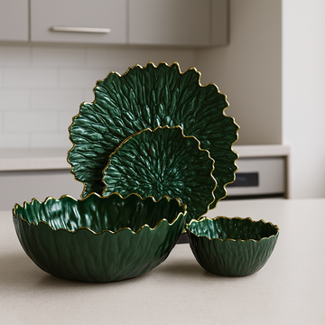 Regal Emerald Green and Gold Petal Serving Set (14 pieces)