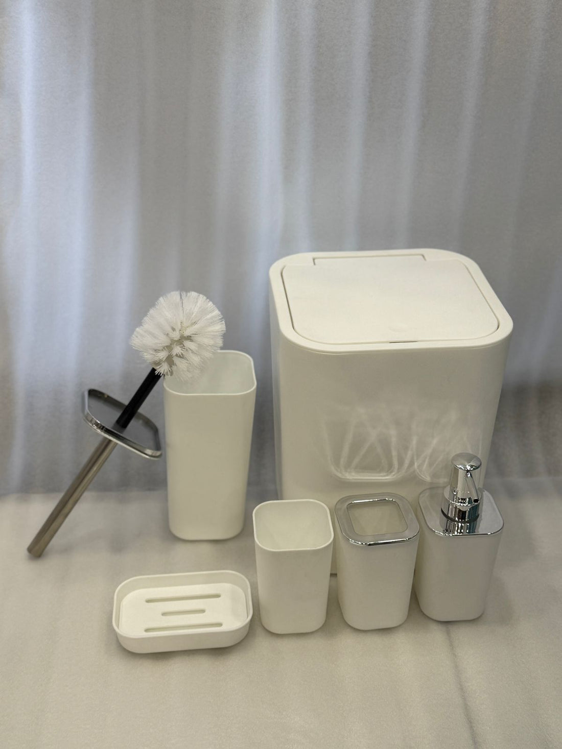 6pcs white bathroom set with dustbin,soap holder, soap dispenser, brush and brush holder 