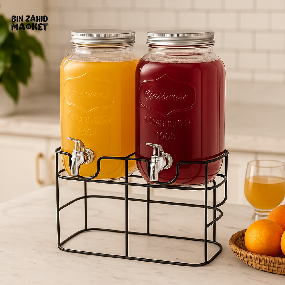 ELEGANT GLASS WATER BEVERAGES DISPENSER 8 LITRES - METAL STAND 2IN1