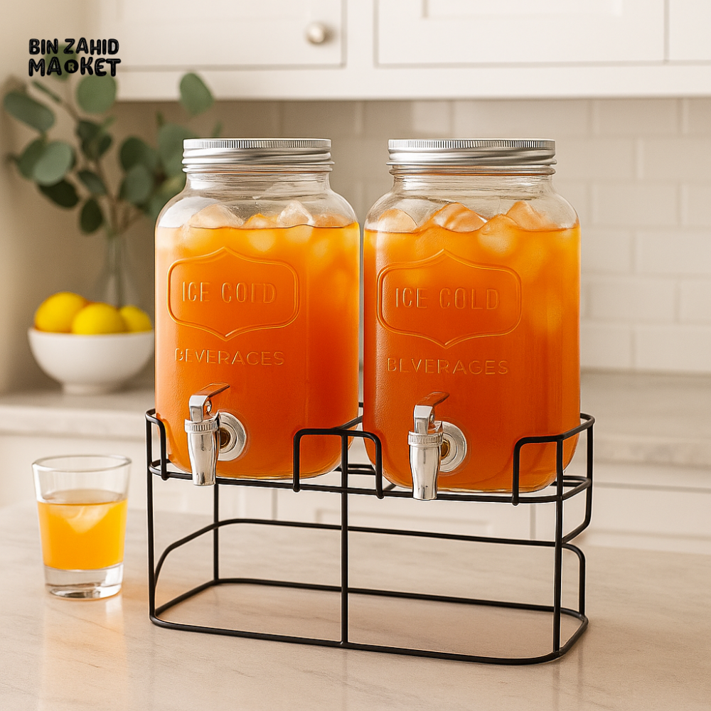 ELEGANT GLASS WATER BEVERAGES DISPENSER 8 LITRES - METAL STAND 2IN1