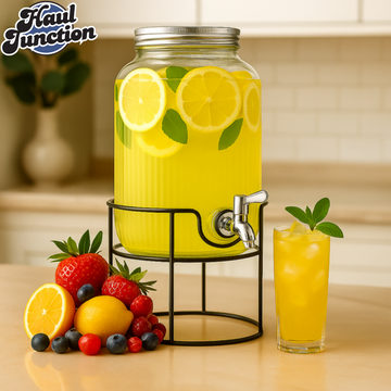 ELEGANT GLASS WATER BEVERAGES DISPENSER 8 LITRES - METAL STAND