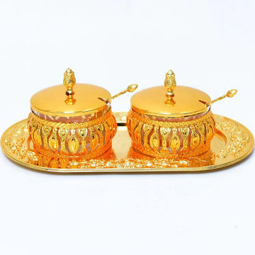 Stainless Steel Royal Golden Sugar Pots with Tray And Spoons