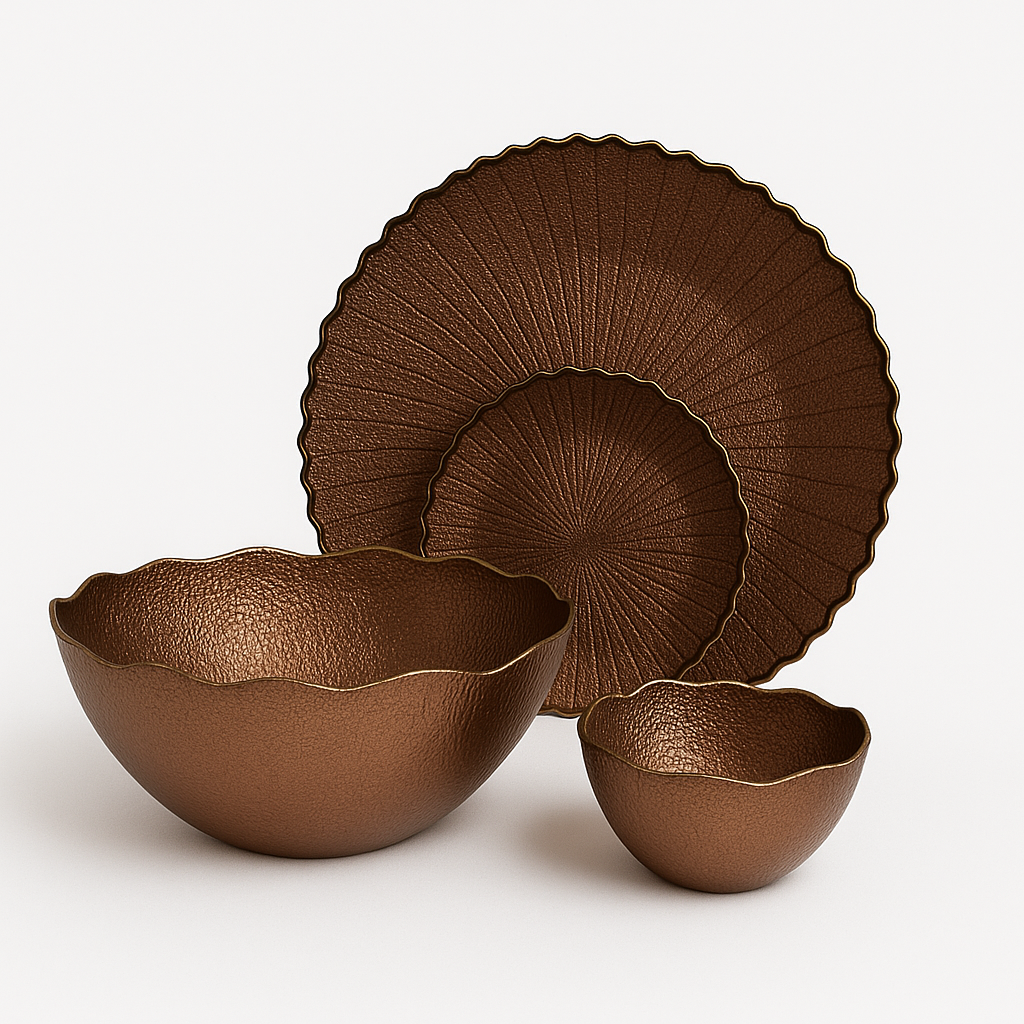 Rustic Bronze Textured Petal Serving Bowl and Plate Set (14 pieces)
