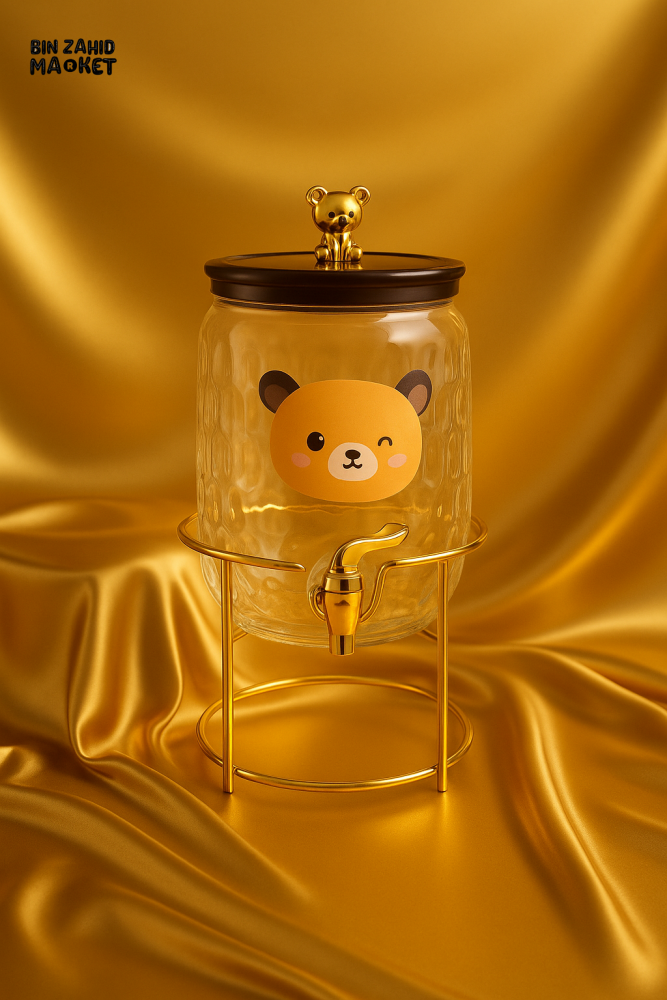 GLASS DISPENSER WITH TAP – 3.2 LITERS TRANSPARENT DRINK DISPENSER WITH METAL BASE GOLD ACCENTS