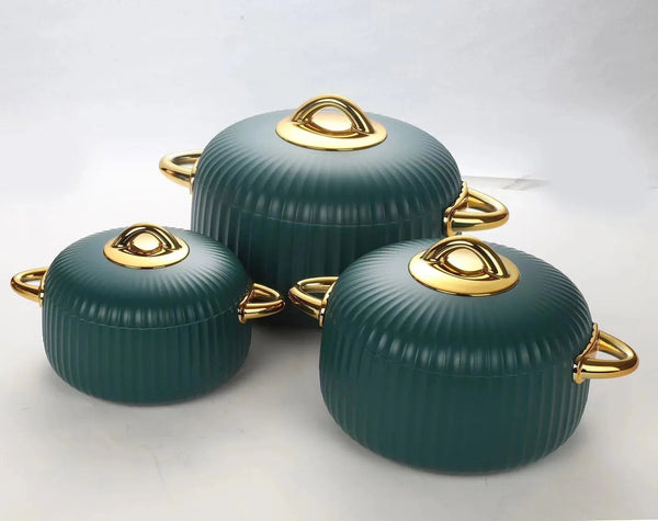 Three green hot pots/food warmers elegantly arranged on a tabletop, showcasing the Elegant Luxury Insulated Hot Pots Set of 3.