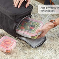 Close-up highlighting the airtight seal on HaulJunction food containers, with lids tightly fitted, being packed into a bag for convenient transport and freshness.