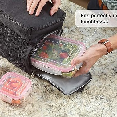 Close-up highlighting the airtight seal on HaulJunction food containers, with lids tightly fitted, being packed into a bag for convenient transport and freshness.