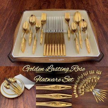 Vintage Gold Flatware, Gold Electroplate Cutlery Flatware Set, Golden Lasting Rose Cutlery Set
