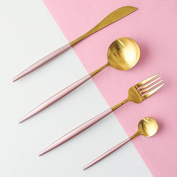 24 PCs Premium Steel Cutlery Set-Pink over Golden