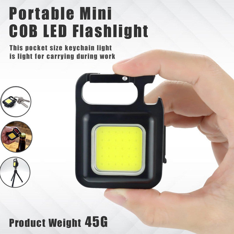 Portable Mini COB LED Flashlight held by a hand with text on a white background