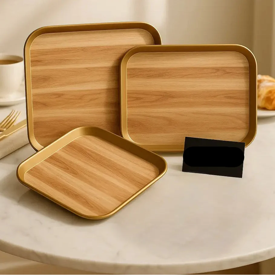 Luxury 3-Piece Wooden Finish Fiber Tray Set – Golden Rim