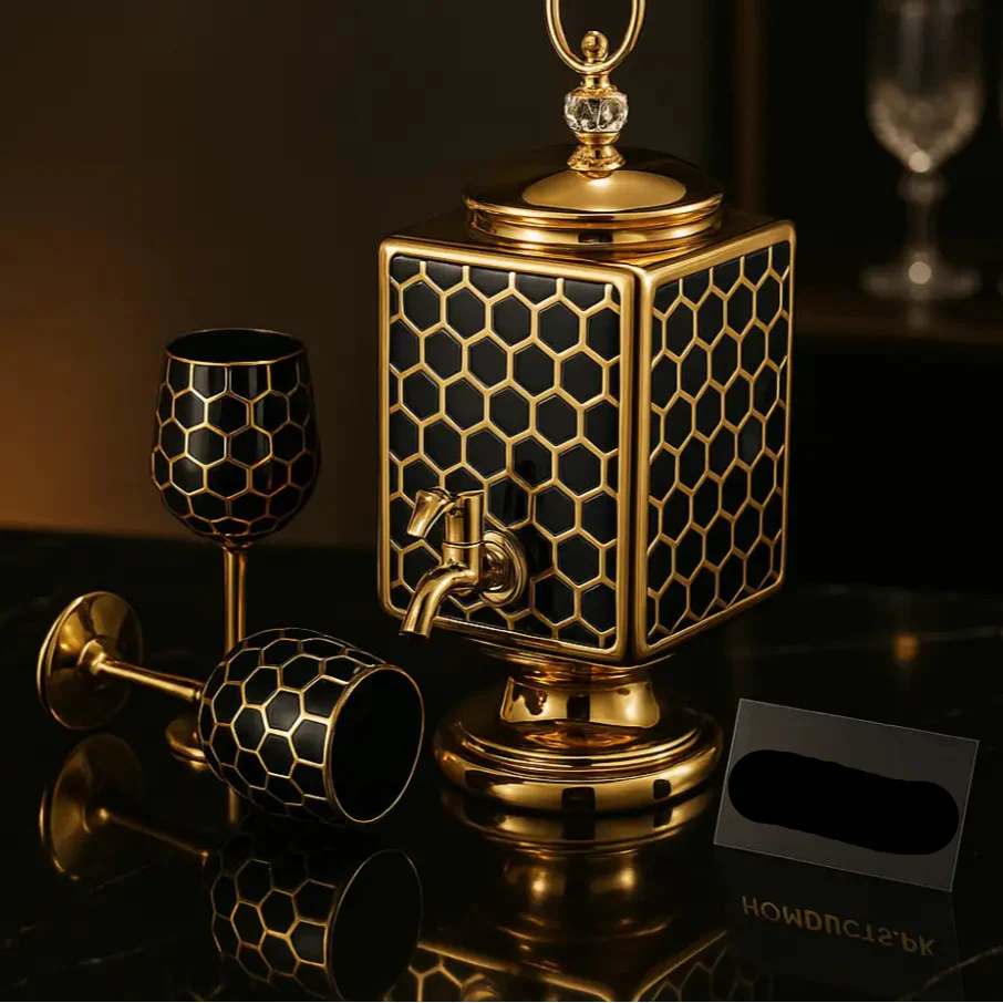 Luxury Black & Gold Beverage Dispenser Set with 6 Matching Glasses – Premium Honeycomb Design