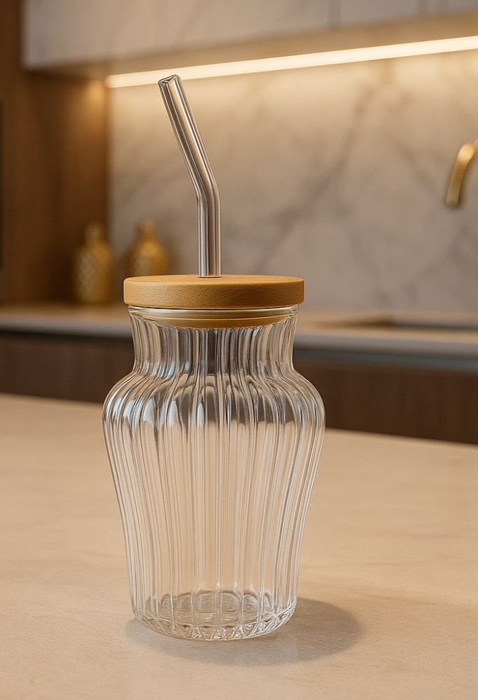 Blossom Glass Cup with Glass Straw and Lid