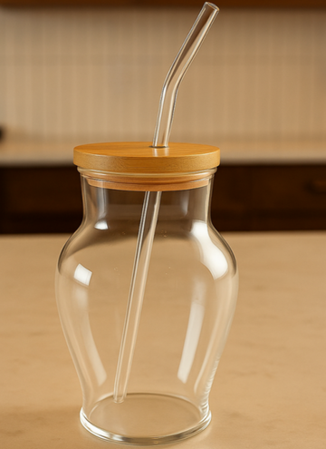 Blossom Glass Cup with Glass Straw and Lid