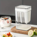 Clear container with a white lid on a wooden cutting board, surrounded by food items.