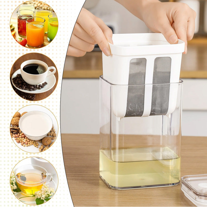 Tea infuser with a glass container on a kitchen counter, surrounded by images of tea and coffee.