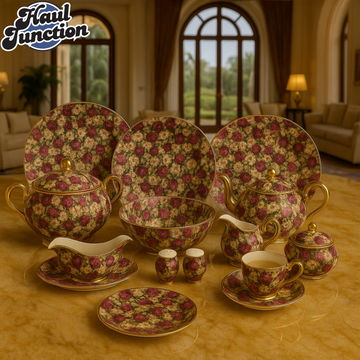 ROYAL ALBERT FINE BONE CHINA 75-PIECE DINNER SET – FLORAL GOLD TRIM TABLEWARE WITH PLATES, BOWLS, TEA SET & SERVING DISHES - 002F