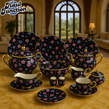 ROYAL ALBERT FINE BONE CHINA 75-PIECE DINNER SET – FLORAL GOLD TRIM TABLEWARE WITH PLATES, BOWLS, TEA SET & SERVING DISHES - 406F