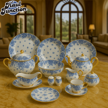 ROYAL ALBERT FINE BONE CHINA 75-PIECE DINNER SET – FLORAL GOLD TRIM TABLEWARE WITH PLATES, BOWLS, TEA SET & SERVING DISHES - 415F