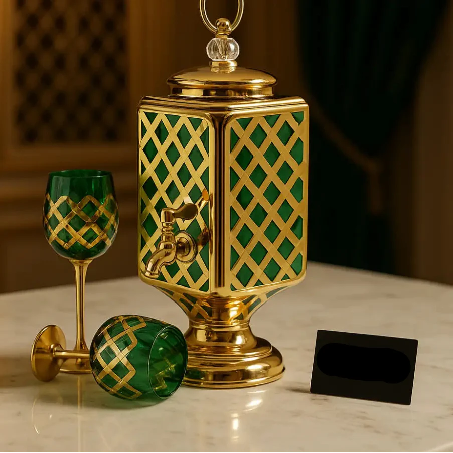 Royal Emerald Gold Beverage Dispenser Set – Luxury Crystal Glass & 6 Matching Goblets