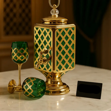 Royal Emerald Gold Beverage Dispenser Set – Luxury Crystal Glass & 6 Matching Goblets
