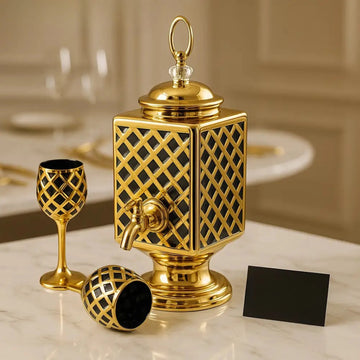 Royal Gold Lattice Beverage Dispenser Set – Luxury Drink Server with 6 Matching Glasses
