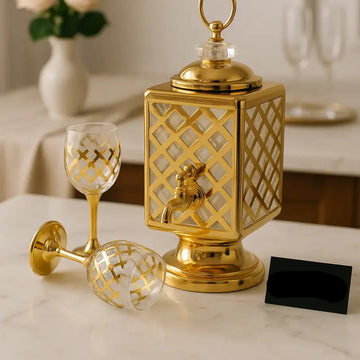 Royal Luxe Gold Crystal Beverage Dispenser Set – 7-Piece Premium Décor (1 Dispenser + 6 Glasses)