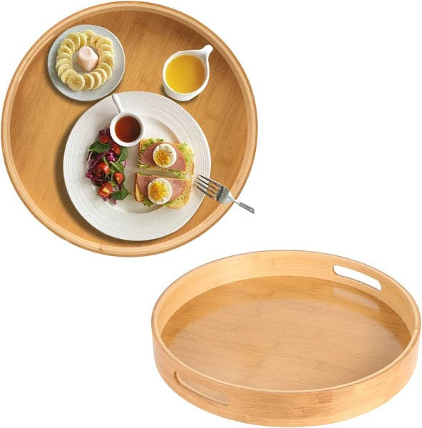 Top view showing two round bamboo serving trays with handles.