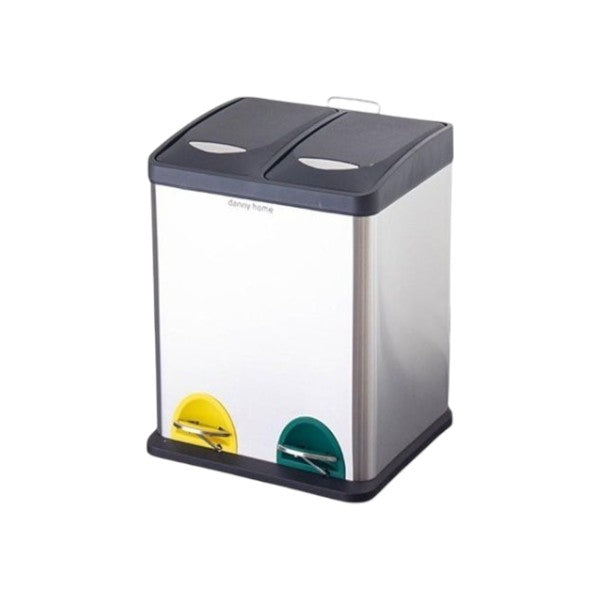 Two-compartment trash can on a wooden surface with a yellow background