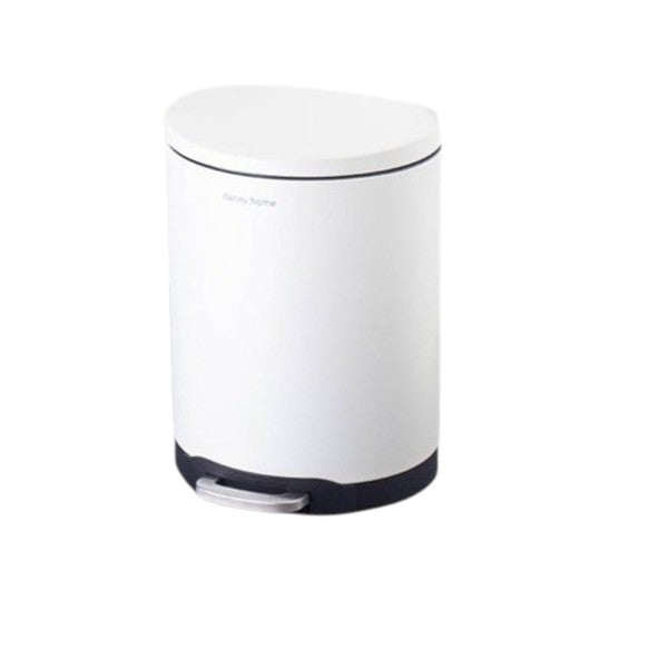 White trash bin with black base on a wooden surface