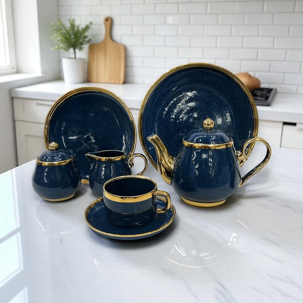 24-Piece Luxury Blue & Gold Tea Set