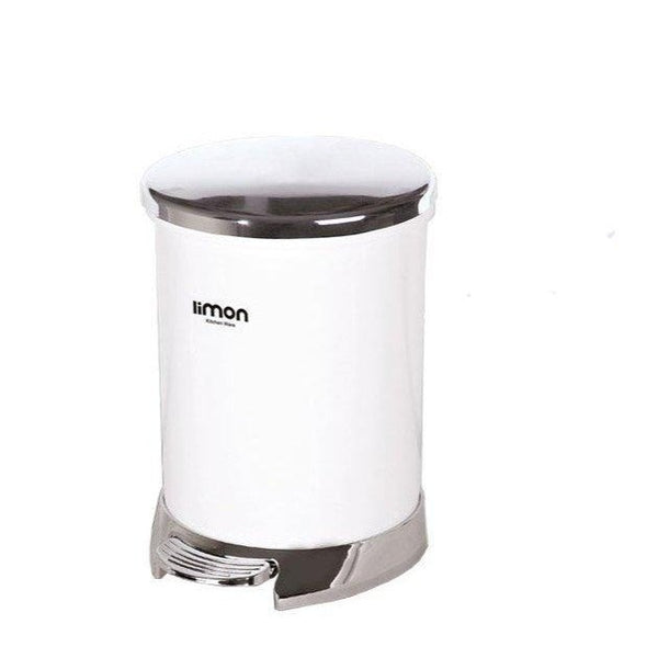 Showcasing a white dustbin with a silver lid, bottom trim, and paddle for easy use.