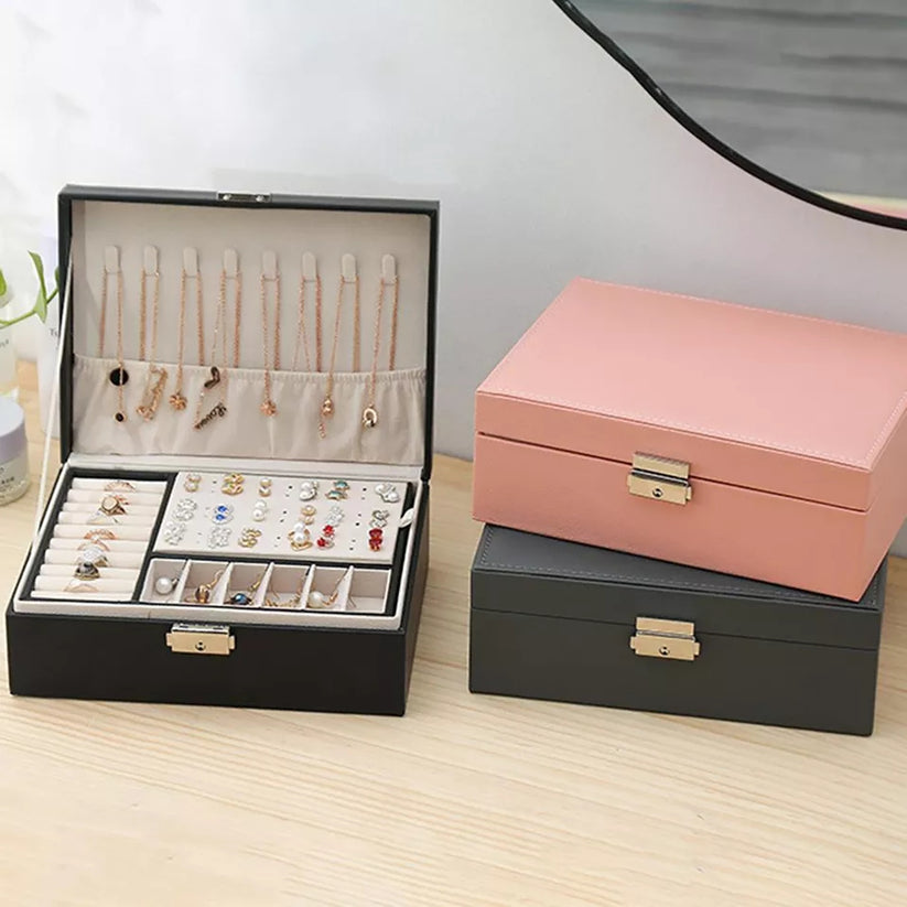 2 Layer Leather Jewelry Organizer - Elegant PU Leather Storage Box